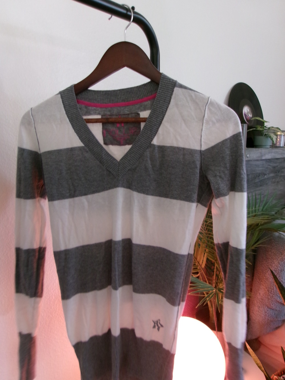 Nollie Gray and White Striped V-Neck Sweater